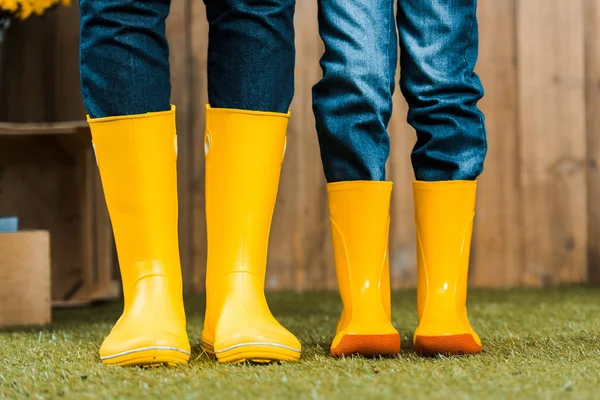 Ausgeschnittene Ansicht von Mutter und Tochter, die in gelben Schuhen auf grünem Gras stehen — Stockfoto