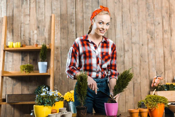 Frau hält Schaufel, während sie Pflanze in Topf pflanzt — Stockfoto