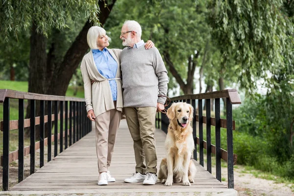 Lächelndes Senioren-Paar umarmt sich beim Gassigehen mit Hund im Park — Stockfoto