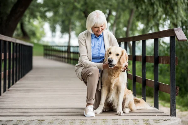 Улыбающаяся пожилая женщина, стоящая на коленях рядом с очаровательной собакой на деревянном мосту — стоковое фото