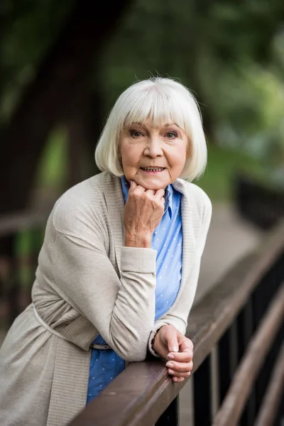 Selektiver Fokus einer lächelnden Seniorin in blauer Tupfenbluse, die am hölzernen Brückengeländer steht und in die Kamera blickt — Stockfoto