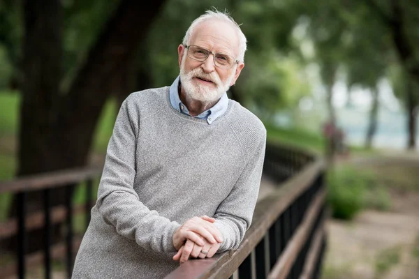 Selective focus of senior man in grey pullover and glasses standing by wooden bridge railing and looking at camera — Stock Photo