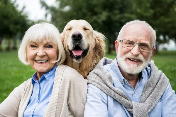 Feliz casal sênior com adorável cão golden retriever no parque — Fotografia de Stock