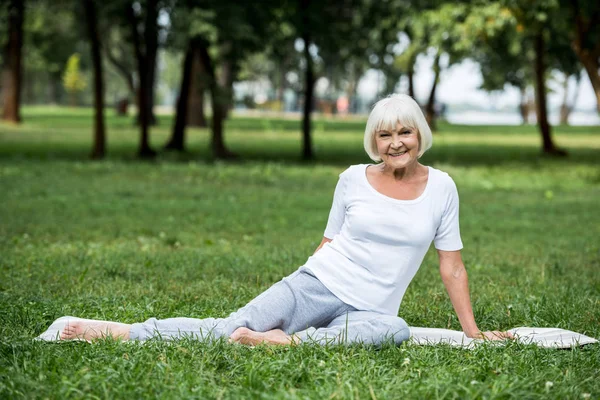 Felice donna anziana rilassante sul tappetino yoga sul prato verde — Foto stock