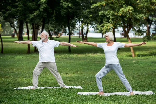 Senior couple pratiquant guerrier II pose tout en se tenant debout sur des tapis de yoga — Photo de stock