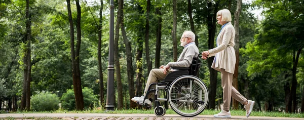 Femme âgée avec mari en fauteuil roulant marchant dans le parc — Photo de stock