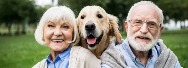 Щаслива старша пара з чарівною золотою собакою-ретривером в парку — стокове фото