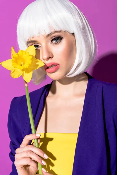 Elegante chica de peluca blanca sosteniendo la flor y mirando a la cámara sobre fondo púrpura - foto de stock