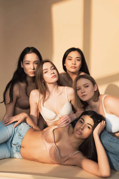 Пять красивых мультикультурных женщин, смотрящих на камеру в солнечном свете, концепция позитивности тела — стоковое фото
