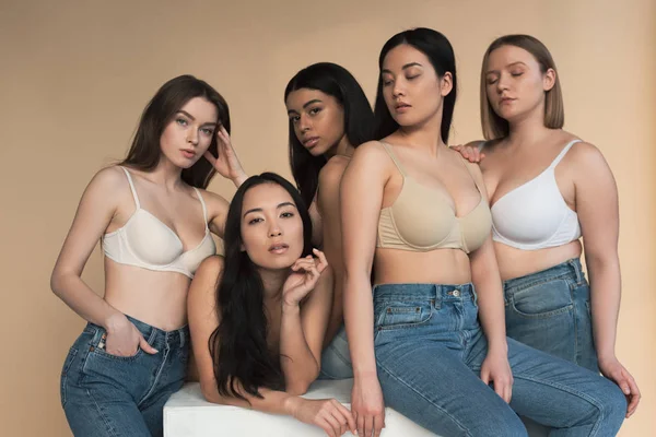 Fünf hübsche multikulturelle Mädchen in blauen Jeans und BHs, die im Sonnenlicht in die Kamera schauen, Body-Positivity-Konzept — Stockfoto