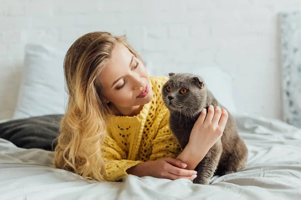 Hermosa chica en punto suéter acariciando escocés plegable gato mientras está acostado en la cama en casa - foto de stock