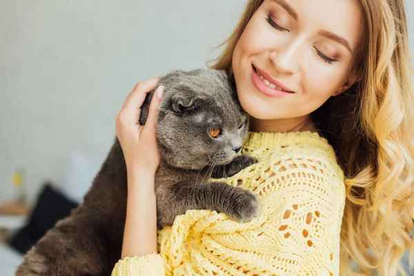 Foyer sélectif de belle fille souriante étreignant mignon chat écossais pli — Photo de stock