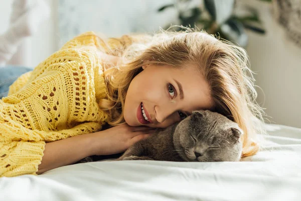 Hermosa chica en suéter de punto mirando a la cámara mientras está acostado en la cama y abrazando gato pliegue escocés - foto de stock
