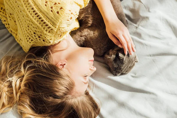 Vista superior da bela jovem mulher dormindo na cama com escocês dobra gato — Fotografia de Stock