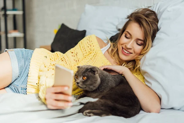 Beautiful smiling young woman using smartphone while lying in bed with scottish fold cat — Stock Photo