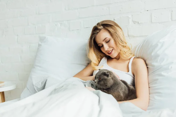 Красива усміхнена дівчина лежить у ліжку і обіймає шотландського складного кота з копіювальним простором — стокове фото