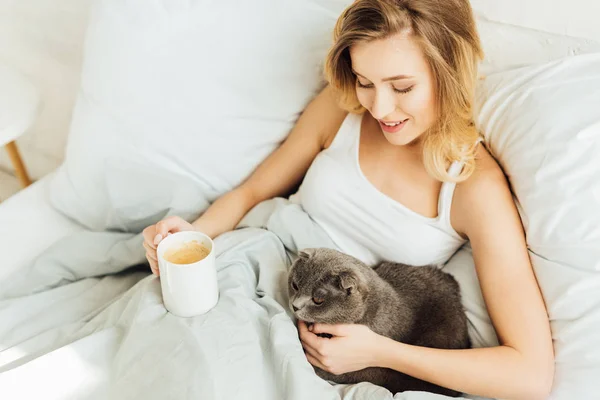 Belle jeune femme blonde avec tasse de café couché dans le lit et câlin écossais plier chat — Photo de stock