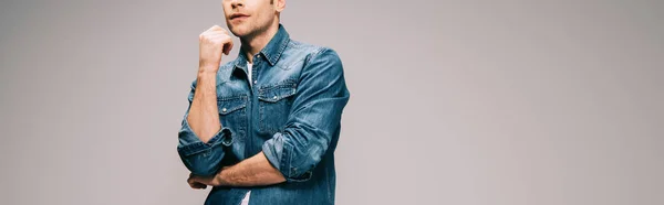 Tiro panorâmico de jovem adulto homem em camisa jeans no fundo cinza com espaço de cópia — Fotografia de Stock