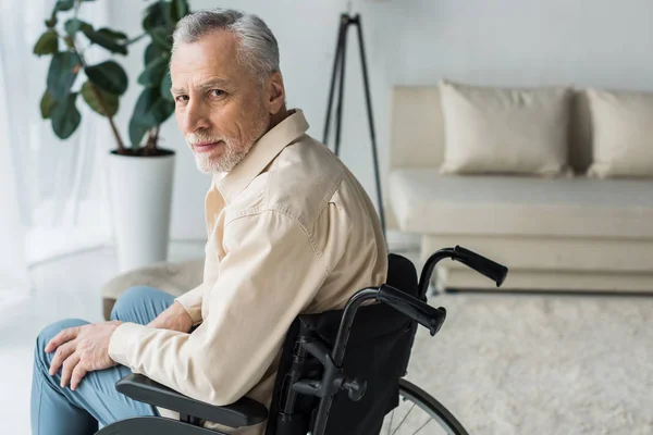 Hombre jubilado discapacitado sentado en silla de ruedas en casa y mirando a la cámara - foto de stock