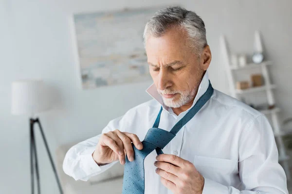 Hombre jubilado seguro y elegante atando corbata azul en casa - foto de stock