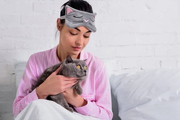 Portrait Woman Pajamas Sleeping Mask Britain Shorthair Cat Resting Bed — Stock Photo, Image