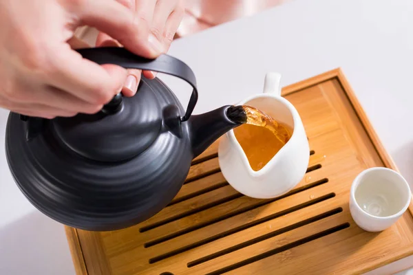 Partial View Woman Pouring Tea Jug While Having Tea Ceremony — Stock Photo, Image