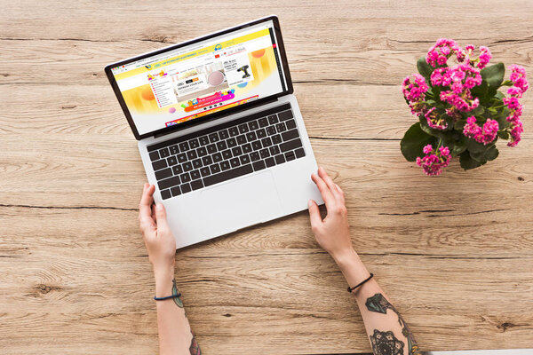 partial view of woman at tabletop with laptop with aliexpress logo and kalanhoe plant in flowerpot