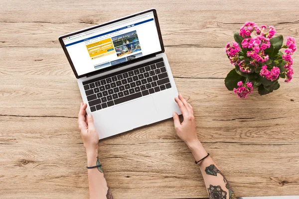 Partial View Woman Tabletop Laptop Bookingcom Logo Kalanhoe Plant Flowerpot — Stock Photo, Image