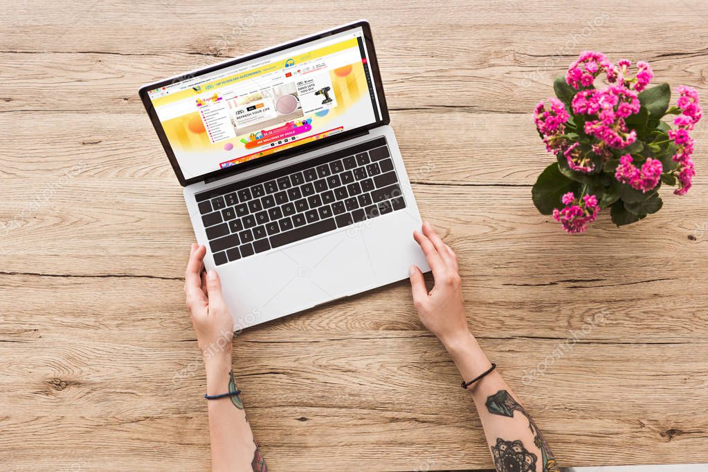 Partial view of woman at tabletop with laptop with aliexpress logo and kalanhoe plant in flowerpot