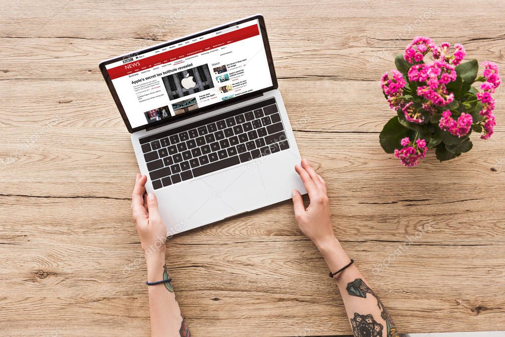 Partial view of woman at tabletop with laptop with bbc logo and kalanhoe plant in flowerpot