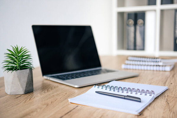Close Beeld Van Ingemaakte Plant Laptop Met Leeg Scherm Leerboeken — Stockfoto