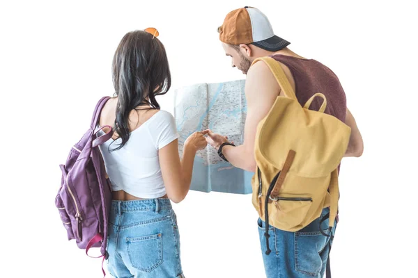 Rear View Couple Travelers Looking Map Isolated White — Stock Photo, Image
