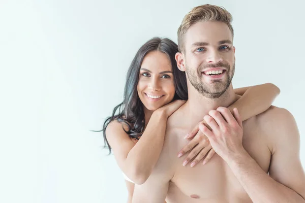 Young Smiling Couple Hugging Looking Camera Isolated White — Stock Photo, Image