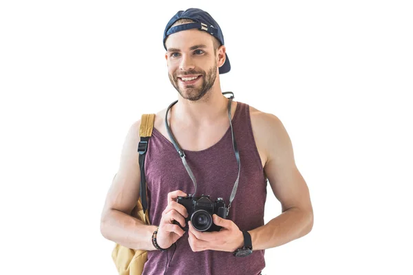 Smiling Male Traveler Backpack Camera Isolated White — Stock Photo, Image