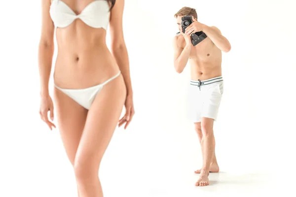 Photographer Taking Photo Beautiful Slim Woman Swimwear Isolated White — Stock Photo, Image
