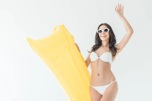 Happy Woman Bikini Sunglasses Waving Holding Inflatable Mattress Isolated White — Stock Photo, Image