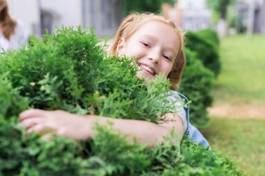 portrait of cheerful child hugging green bush clipart