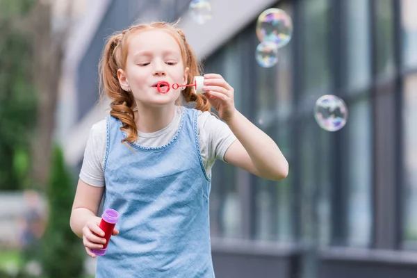 Portrait Cute Child Blowing Soap Bubbles Street — Stock Photo, Image