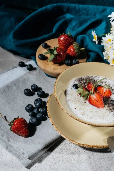 Olgun Yaz Meyveleri Chia Tohum Puding Kase — Stok fotoğraf