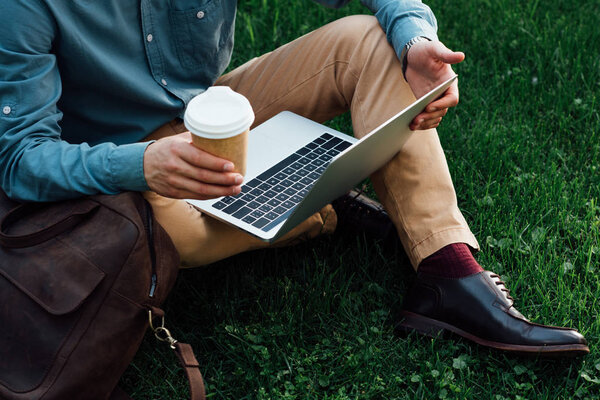 cropped shot of freelancer holding paper cup and using laptop while sitting on grass