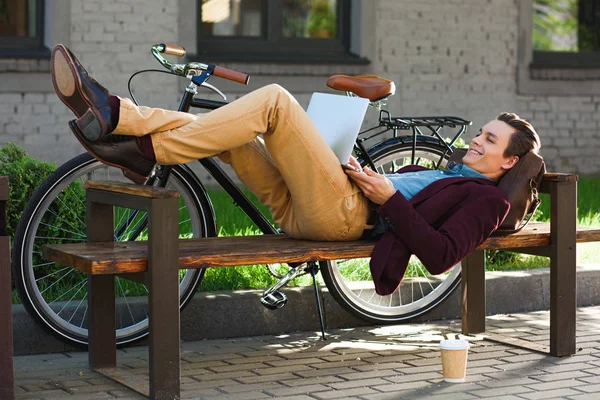 Side View Smiling Young Freelancer Lying Bench Using Laptop — Stock Photo, Image