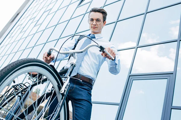 Low Angle View Handsome Young Man Eyeglasses Standing Bicycle Looking — Stock Photo, Image