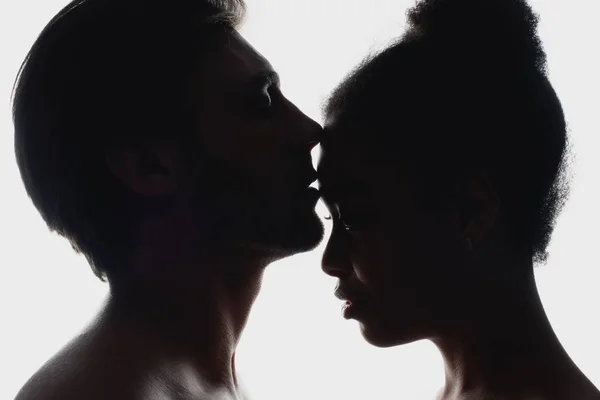 Side View Silhouettes Interracial Couple Love — Stock Photo, Image