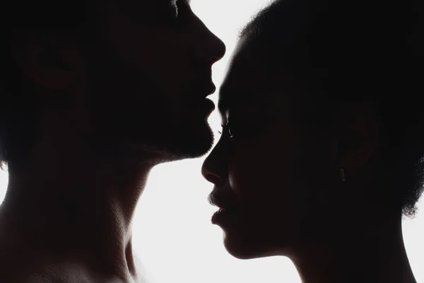 Side View Silhouettes Interracial Couple Love — Stock Photo, Image