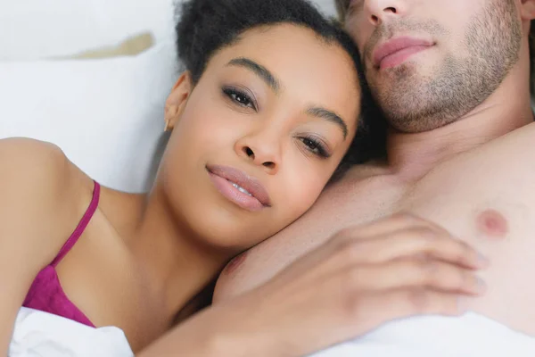 Partial View Multiethnic Young Couple Love Lying Bed Together Morning Stock Image