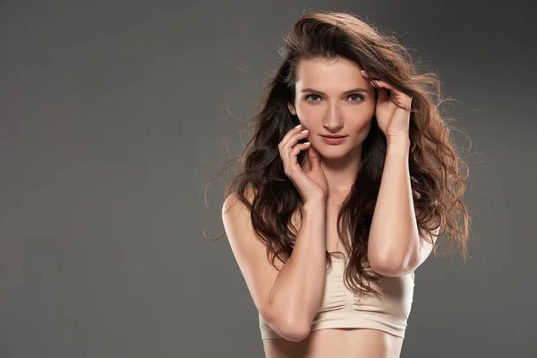 Brunette Young Woman Bra Isolated Grey — Stock Photo, Image