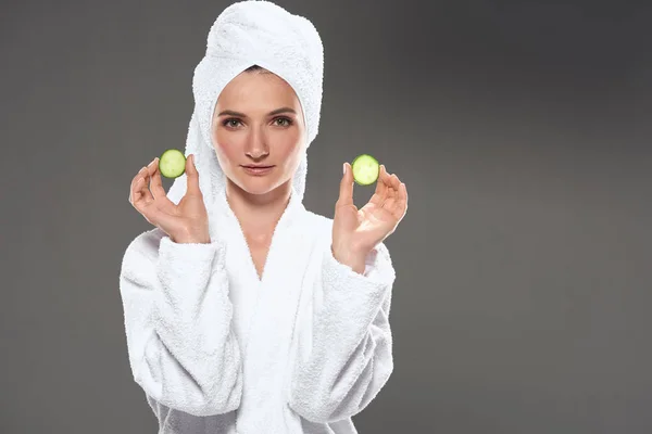 Beautiful Girl Cucumber Slices White Bathrobe Towel Isolated Grey — Stock Photo, Image