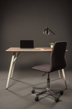 sandalye ve masa lambası, bitki, kitap ve gri arka plan boş ekran ile dizüstü bilgisayar 