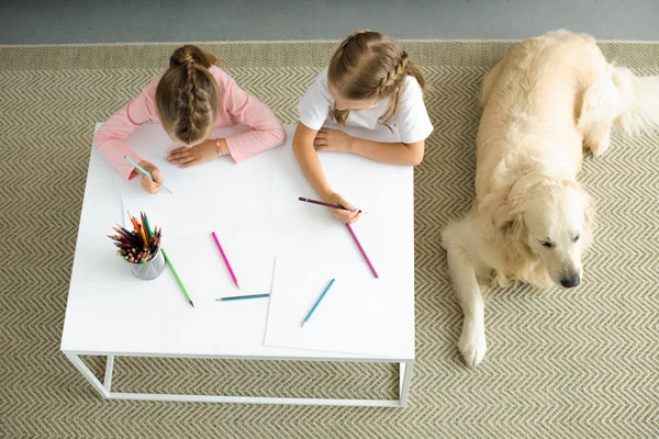 小姐妹的顶上的看法在桌上画图片与金黄猎犬狗休息在地板附近在家 — 图库照片