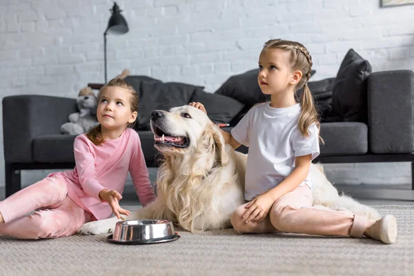 Crianças Bonitos Com Cão Retriever Dourado Sentado Chão Casa — Fotografia de Stock